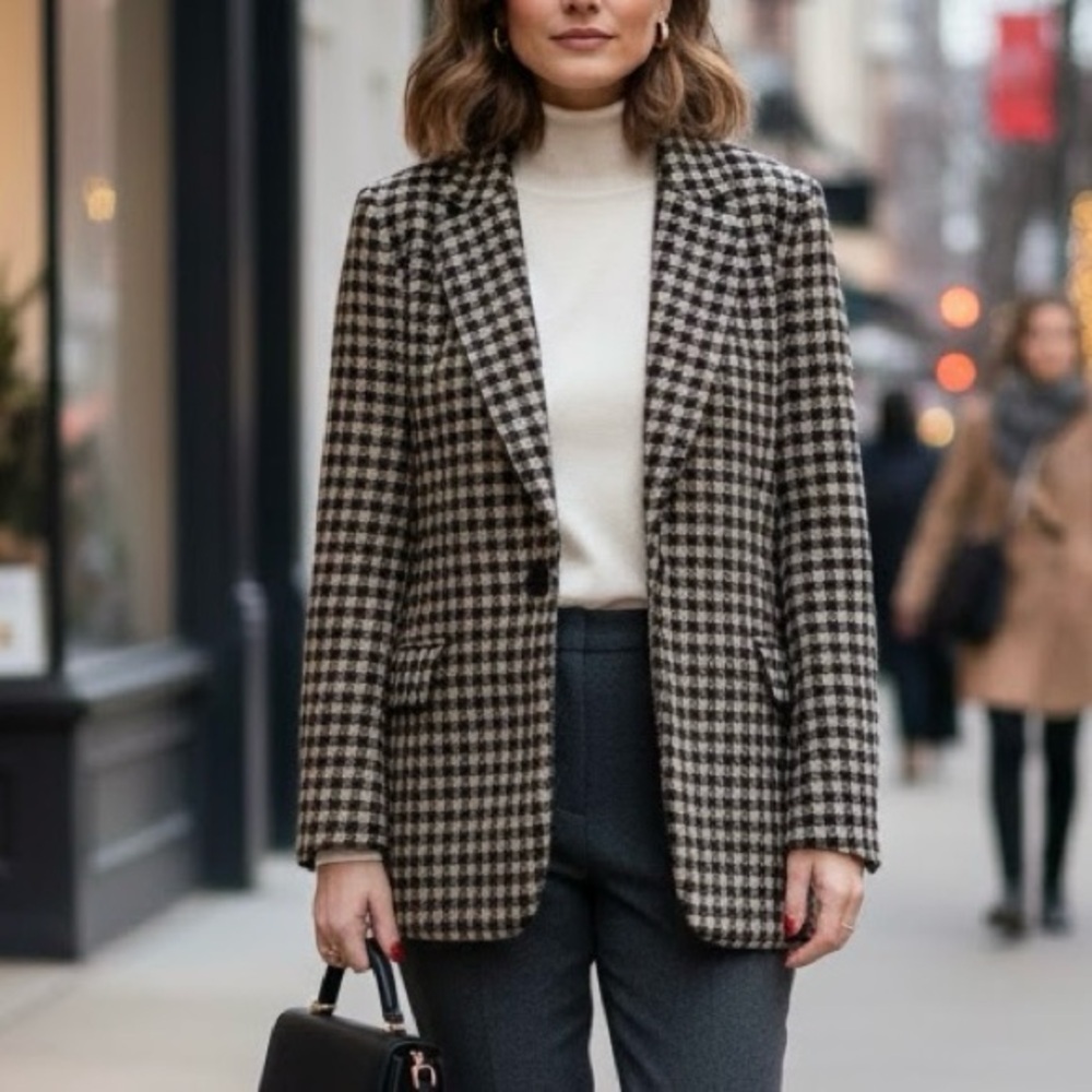 OAT Houndstooth Wool Blazer Countryside Plaid Old Money Quiet Luxury Jacket Y2K